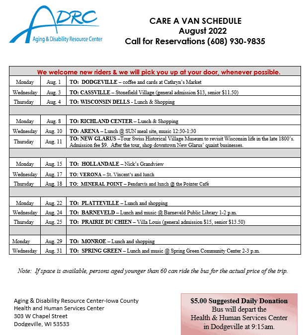 August Care A Van Schedule – Iowa