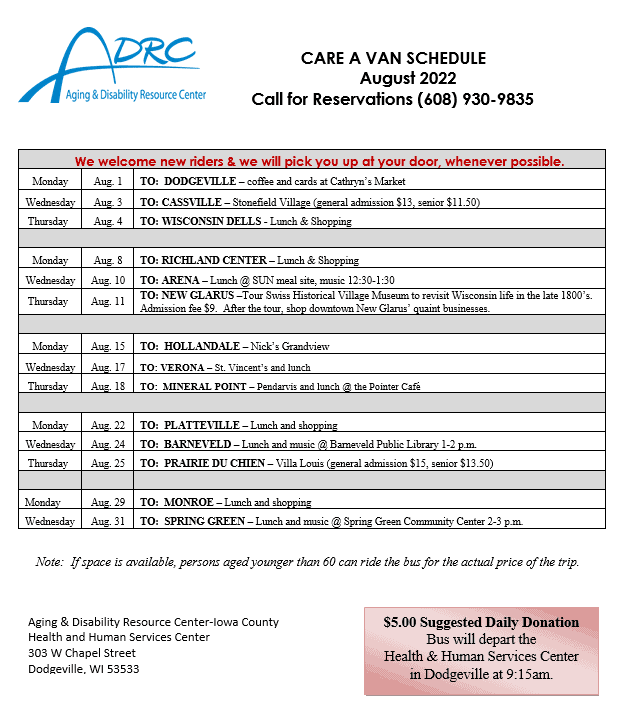 August Care A Van Schedule Iowa Aging and Disability Resource