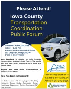 Iowa County Transportation Coordination Public Forum @ Health and Human Services Center - Community Room