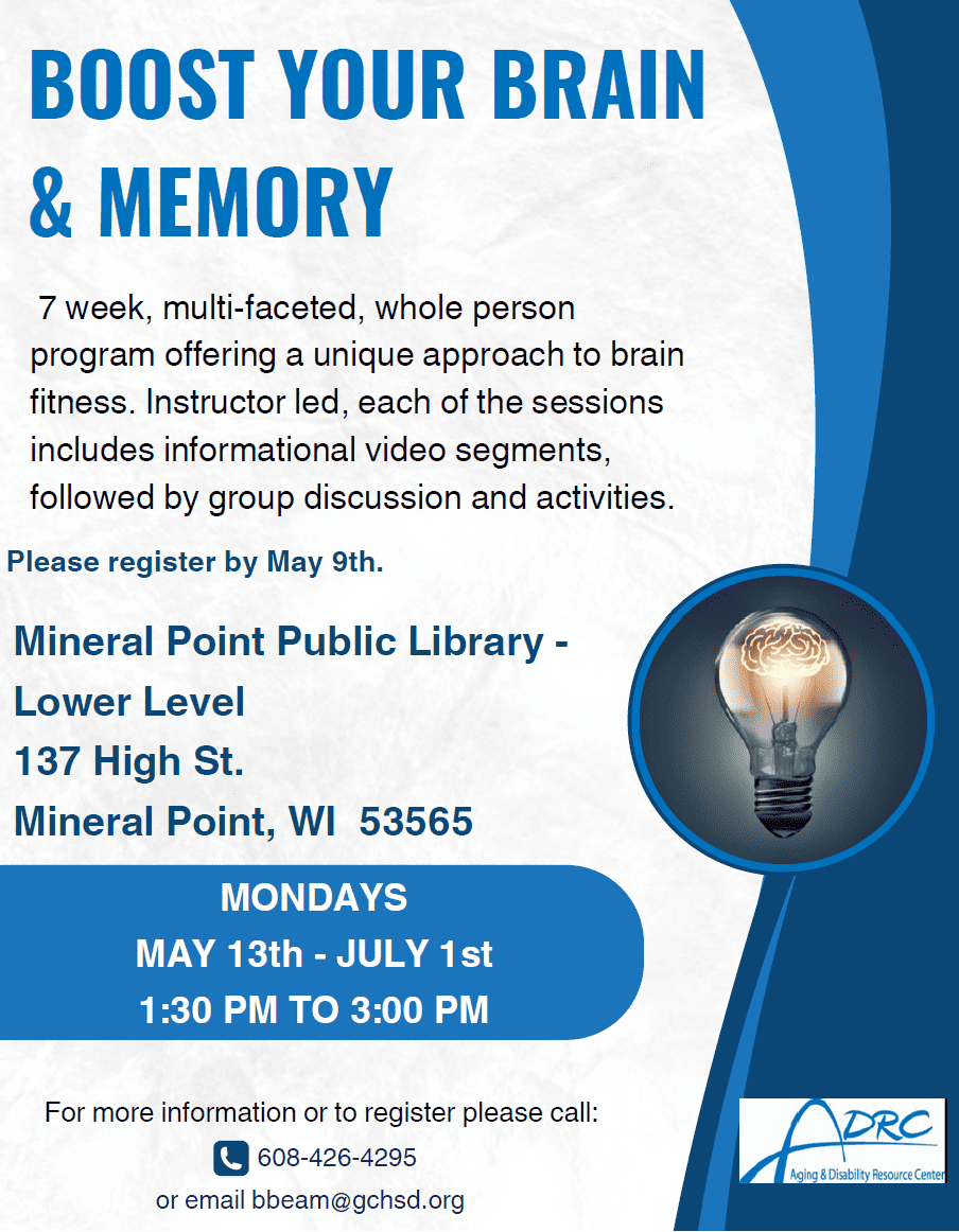 Boost Your Brain & Memory Class @ Mineral Point Public Library - Lower Level