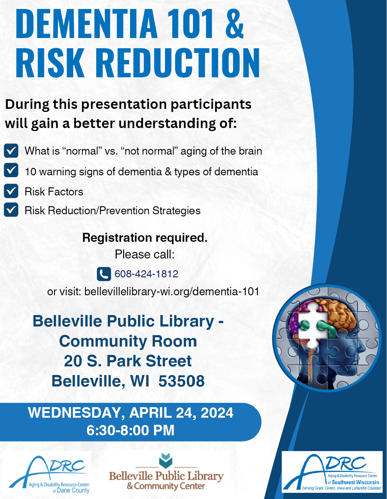 Dementia 101 & Risk Reduction @ Belleville Public Library - Community Room