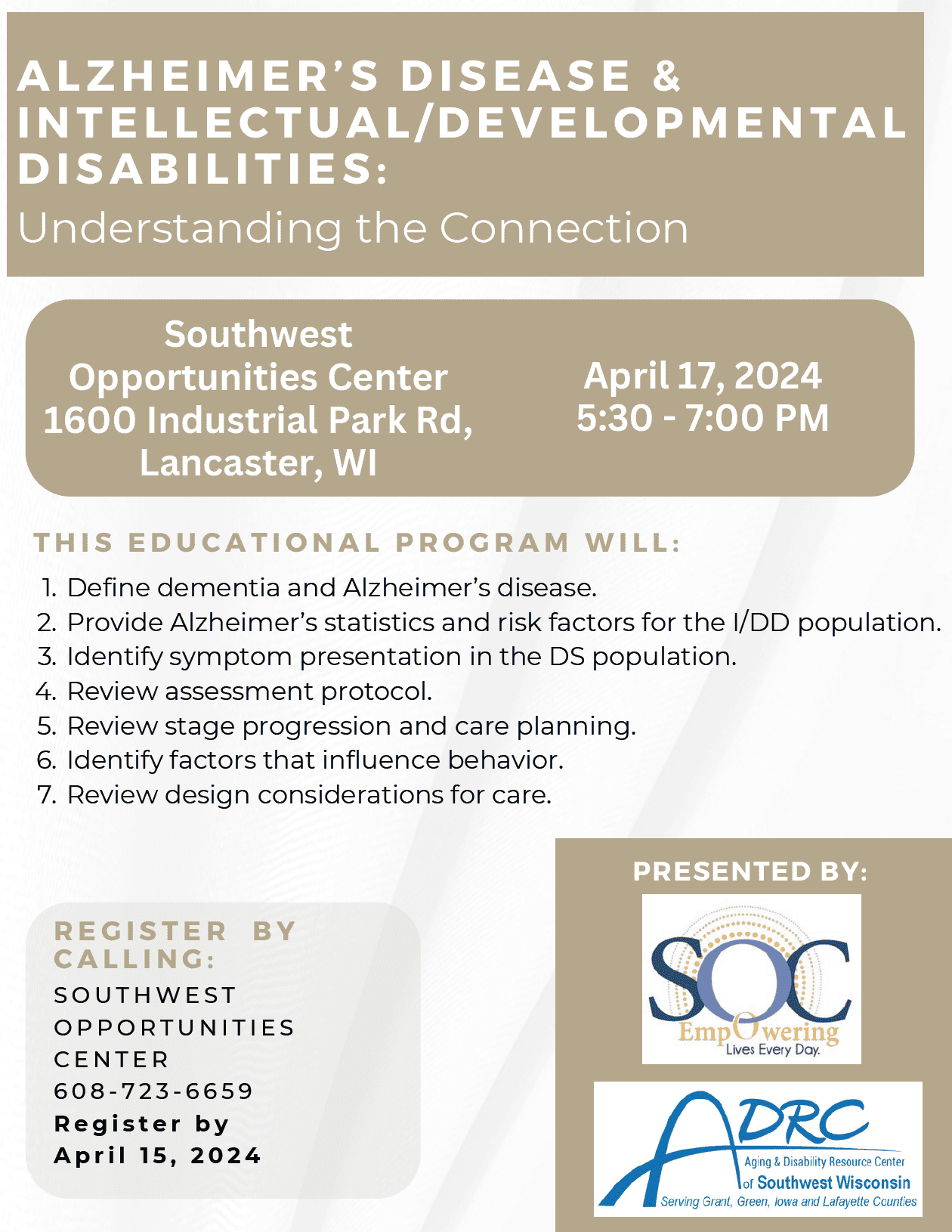 Alzheimer's Disease & Intellectual/Developmental Disabilities: Understanding the Connection @ Southwest Opportunities Center